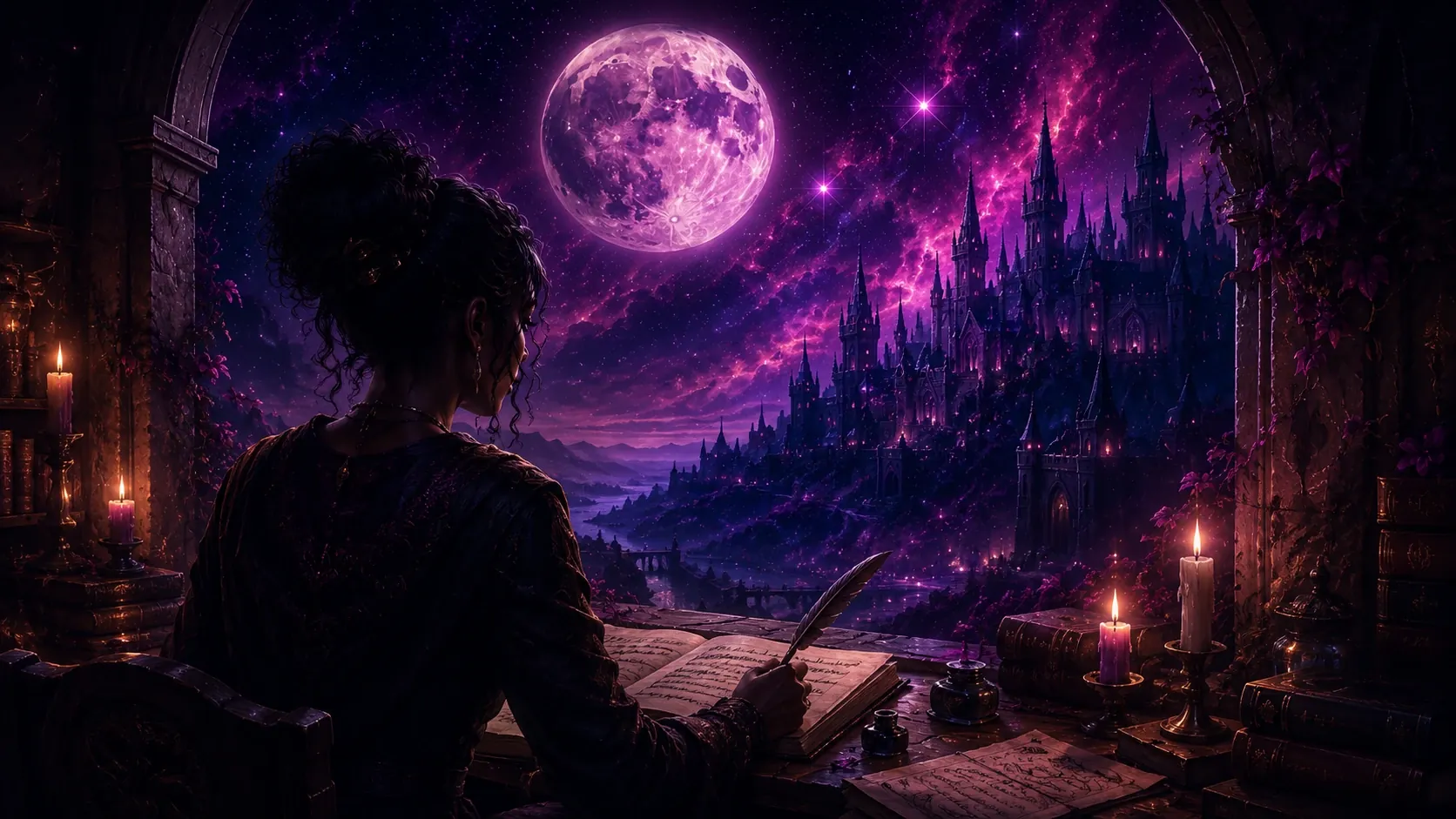 A writer at a moonlit window overlooking a starlit fantasy castle